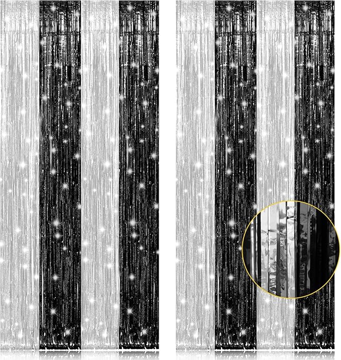 2 Pack 3.2 x 8.2 ft Black and Silver Foil Fringe Curtains Party Decorations, Sparkle Tinsel Curtain Photo Backdrop for Birthday Wedding Graduation Stream