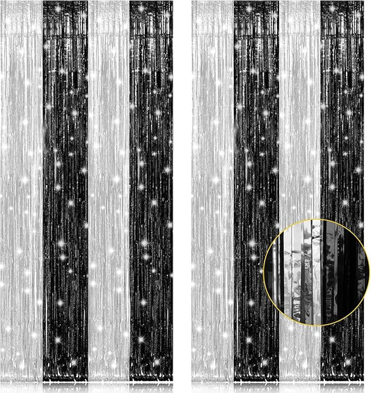 2 Pack 3.2 x 8.2 ft Black and Silver Foil Fringe Curtains Party Decorations, Sparkle Tinsel Curtain Photo Backdrop for Birthday Wedding Graduation Stream