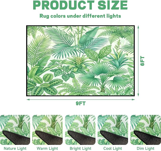 Tropical Leaves Area Rug 6'x9' Green Botanical Palm Fern Leaf Rug Non Slip Washable Indoor Floor Mat for Bedroom Living Room Nursery Kitchen Playroom Home Decor