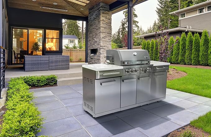 Mont Alpi MA-957RS Propane Natural Gas 5-Burner Compact Outdoor Kitchen Gas Barbecue Grill Island in Stainless Steel with Infrared Rear Burner + Storage Cabinets + Rotisserie Kit & Full Weather Cover