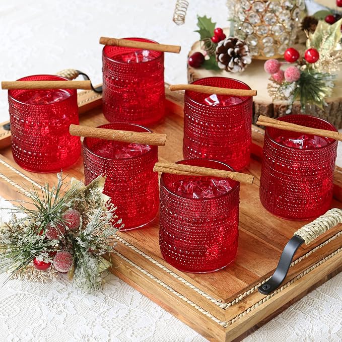 Kate Aspen Retro Arch Floral Red Drinking Glasses Set of 6, 10 oz Vintage Ribbed Glass Cups, Christmas Glassware & Holiday Drinkware, Valentine’s Day & Holiday Hostess Gift