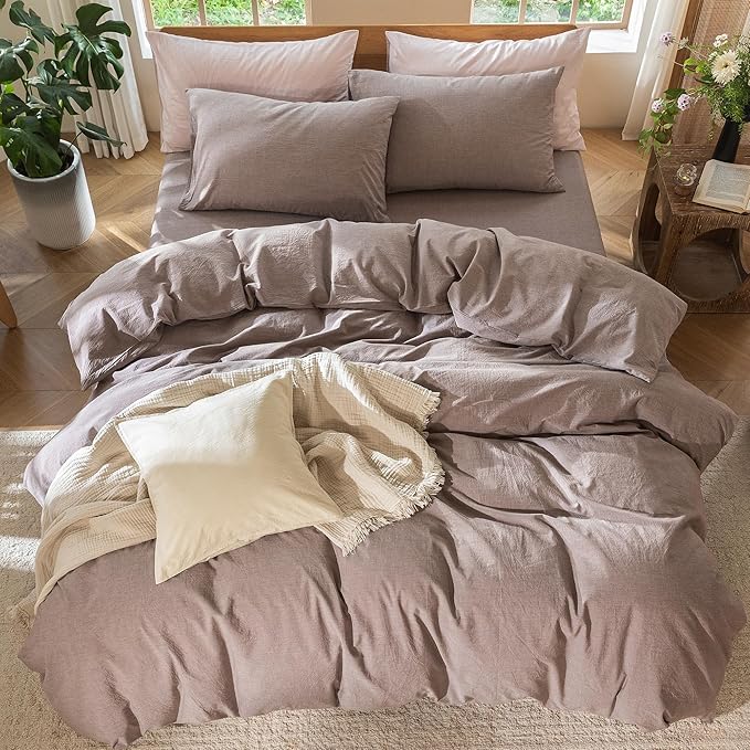 MooMee Bedding Duvet Cover Set 100% Washed Cotton Linen Like Textured Breathable Durable Soft Comfy (Heathered Mauve Brown, King 104"x90")