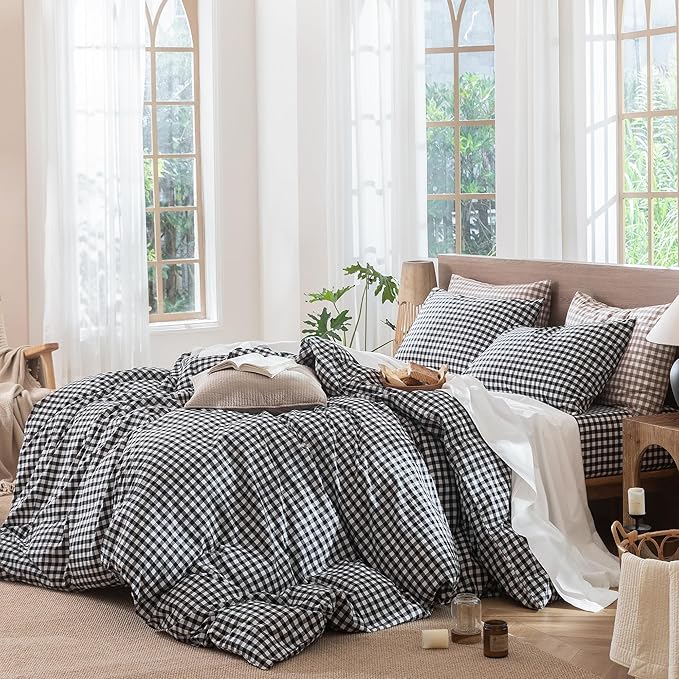 MooMee Gingham Duvet Cover Set 100% Washed Cotton Linen Like Textured Breathable Durable Soft Comfy Modern Checkered Design (Black White Gingham, Super Queen 90"x98")