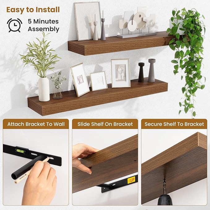 Fun Memories Floating Shelves 30 Inch, Wall Mounted Wood Shelf Set of 2, Farmhouse Decor for Bathroom, Bedroom, Kitchen, Living Room, Walnut