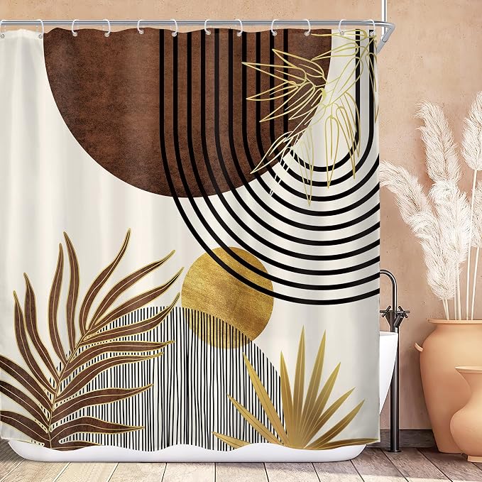 KOMLLEX Mid Century Brown Boho Shower Curtain for Bathroom Decor 72Wx72H Inches Abstract Modern Gold Minimalist Arch Sun Geometric Leaves Neutral Fabric Waterproof Polyester 12 Pack Hooks Pack Hooks