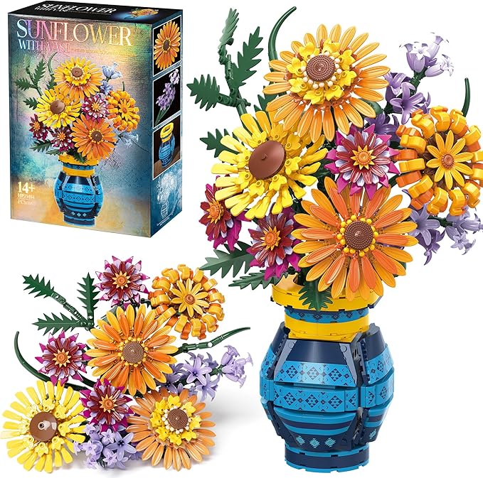 Sunflower Building Blocks with Vase Set for Adults, Christmas Artificial Flower Bouquet Botanical Collection Bricks Anniversary Birthday Gifts for Her Women Men Mom Wife Grandma Home Decor -1065 PCS