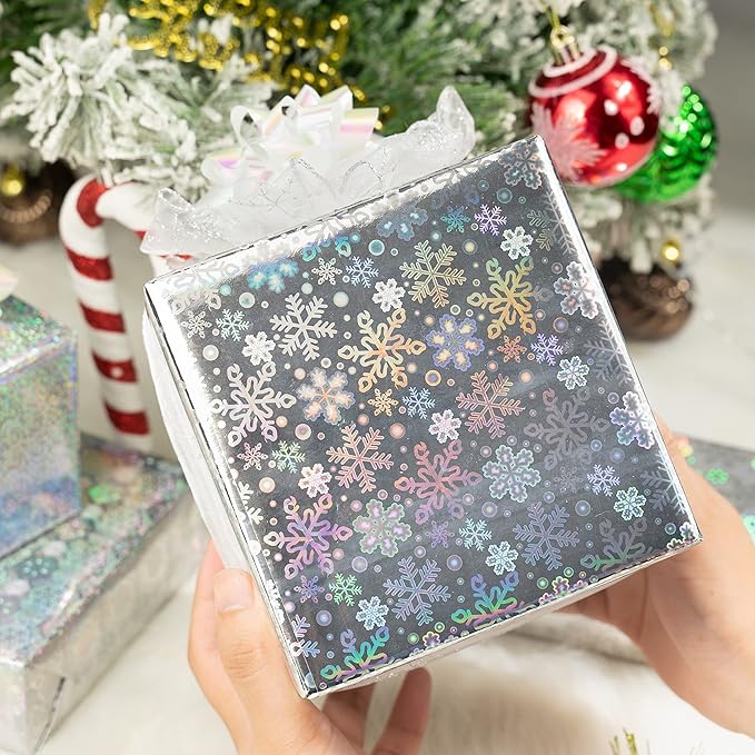 MAYPLUSS Christmas Holographic Foil Wrapping Paper - 17in x 120in Per Roll - Shiny Silver Snowflakes and Dots Design Iridescent Gift Wrap Paper for Christmas Wedding Winter Shower Holiday Celebration