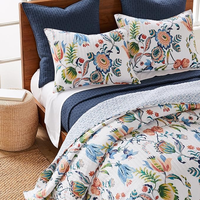 Levtex Home Cross Stitch Reversible King/Cal King Quilt Set (106x92in) and 2 Pillow Shams (36x20in) - Stitch Texture - Navy - Cotton King Size Quilt Bedding Set - Lightweight Soft Pre-Washed