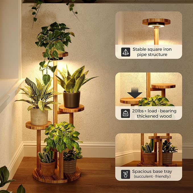 Bamworld Plant Stand Indoor with Grow Lights Plant Shelf 4 Tier Wood Plant Stand for Multiple Plants Tall Corner Plant Stands for Outdoor Round Flower Stand Plant Holder for Living Room Patio Garden Balcony