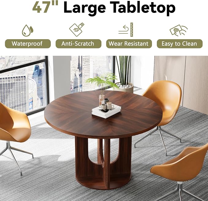 weselon Farmhouse Round Fluted Dining Table for 4, 47 Inch Circle Kitchen Table with Wooden Pedestal Base, Dinner Tables for Home Living Room Kitchen (Walnut)