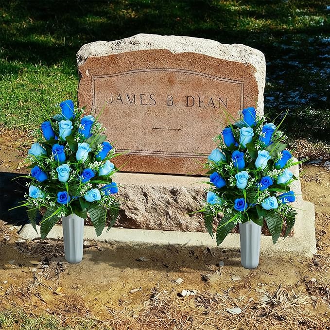 Artificial Cemetery Flowers - Set of 2 Grave Memorial Rose Flowers with Vase for Cemetery Headstones Gravesites Decoration (Dark Blue & Light Blue)