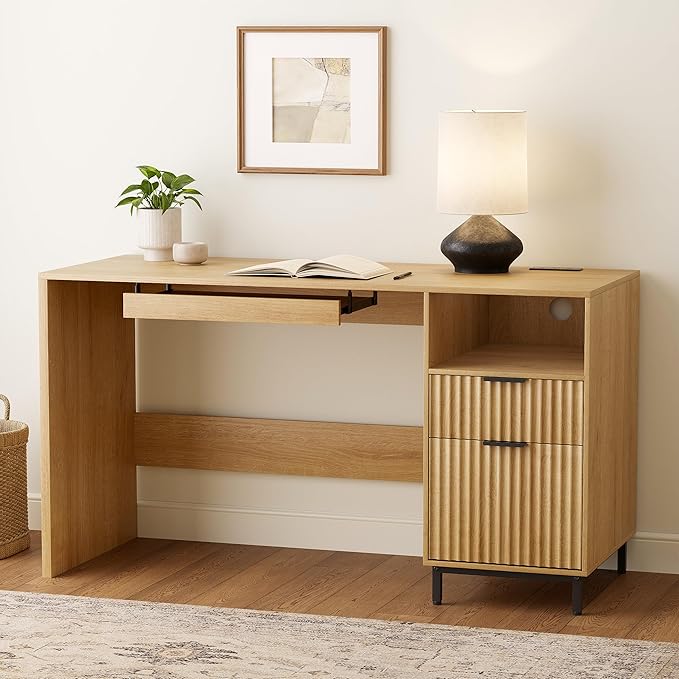 Fluted Executive Desk, 55" Modern Wood Home Office Desk with Charging Station, File Drawer, Open Storage, Computer Writing Desk for Work Study Writing, Natural Oak
