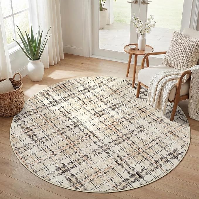 Tartan Plaid Round Rugs 6Ft Washable Area Rug for Playroom, Kids Non-Slip Neutral Classic Circle Rug Modern Large Carpet Soft Boys Rug for Classroom Dorm Bedroom, Beige