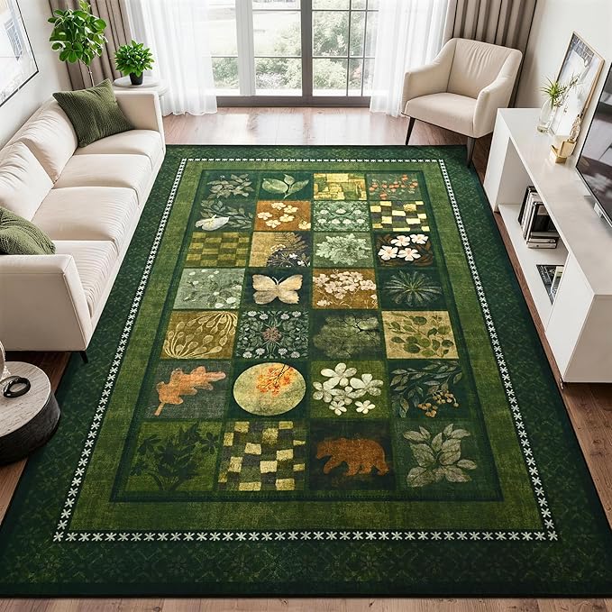 Tepook 5x7 Area Rugs for Living Room, Modern Large Geometric Rug for Bedroom, Washable Patchwork Rug Indoor Non Slip Throw Carpets for Dining Room Office Farmhouse Home Decor, Dark Green