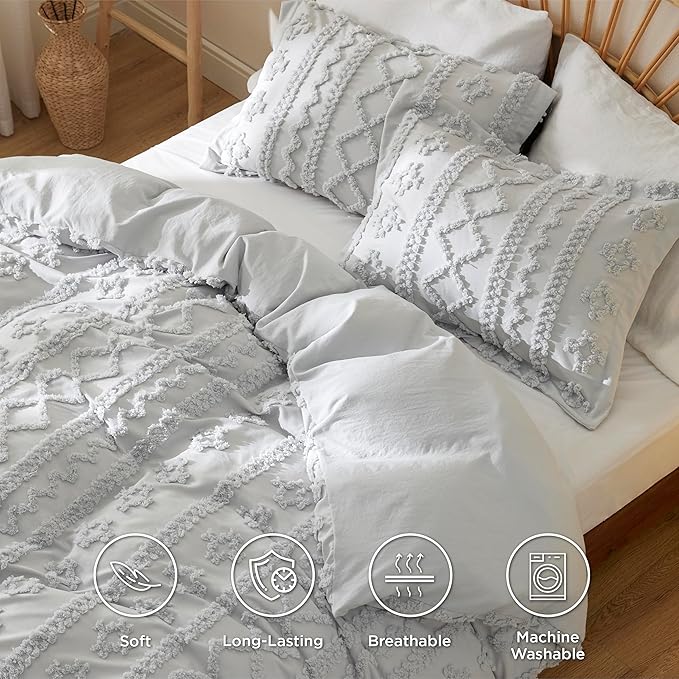 Bedsure Boho Duvet Cover Queen Size, Soft & Comfortable Elegant Design Boho Bedding for Decoration, Machine Washable Comforter Cover for All Seasons,Includes 1 Duvet Cover & 2 Pillow Shams,Light Grey