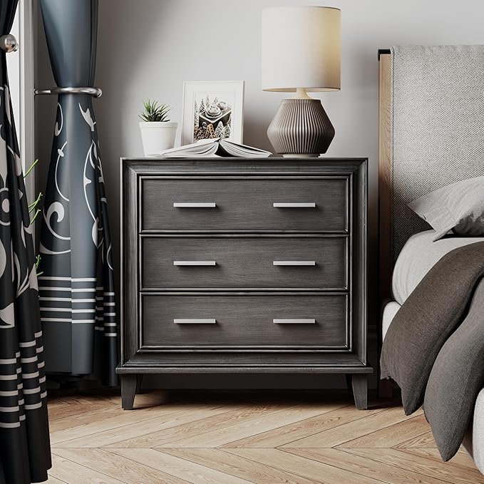COZAYH Modern 3 Drawer Nightstand, Wood Dresser with Metal Handles, Vintage Accent Bedside Table Storage Chest, Mid-Century Cabinet, Sturdy Bedroom Organizer, Dark Finish, Fully Assembled, Black