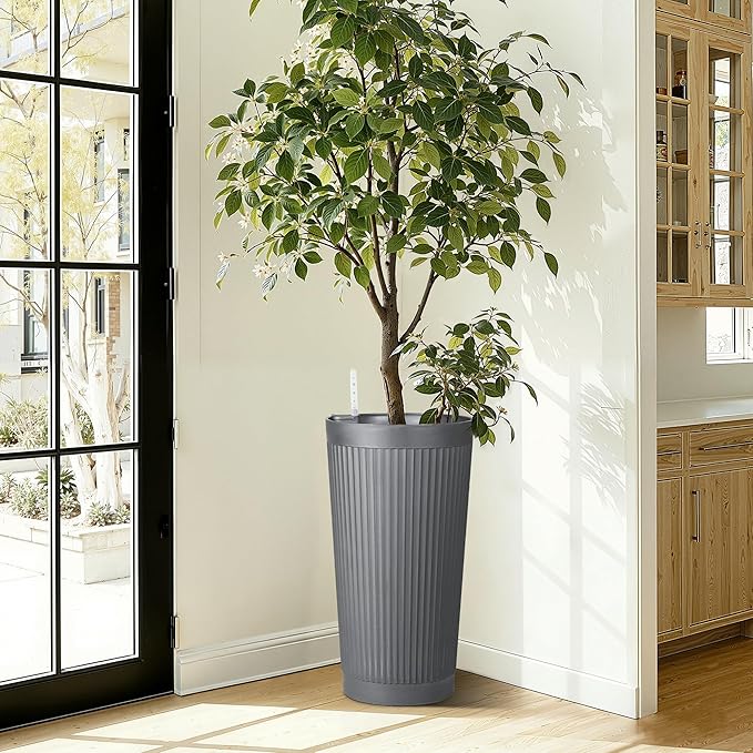 24" Tall Self Watering Planters for Indoor Plants, 2 Pack Large Plastic Outdoor Planter Pots with Built-In Water Reservoir and Level Indicator, Decorative Modern Flower Pots for Home & Patio (Grey)