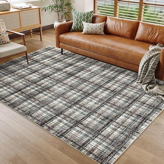 Washable Rugs 9x12 Rug for Living Room Modern Bedroom Rug Contemporary Large Area Rug Non Slip Throw Rugs Soft Stain Resistant Carpet for Office Dining Room 9'x12' Teal&Dark Brown