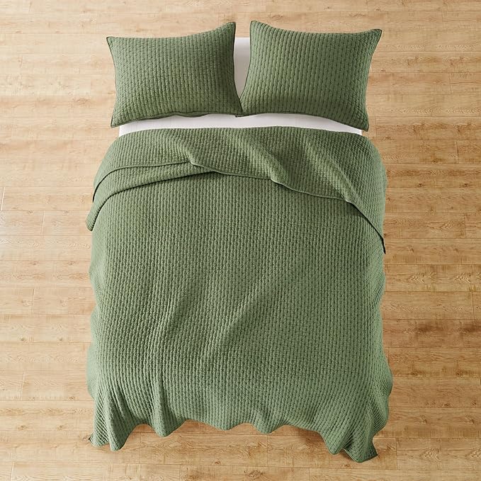 Levtex Home Cross Stitch Reversible King Bedspread Set (120x104in) with 2 Pillow Shams (36x20in) - Stitch Texture - Forest Green - Cotton King Size Bedspread Set - Soft, Pre-Washed