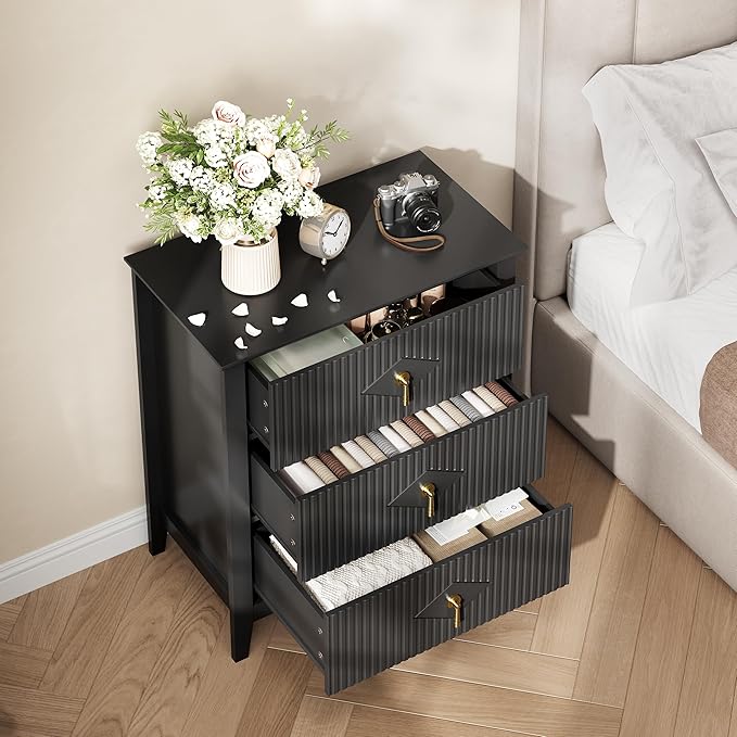 GarveeHome Wood Nightstand Fluted Dresser for Bedroom, 27.5" Wide 3-Drawer Bedside Tables, Modern Chest of Drawers, Storage End Table Living Room, Hallway, Entryway, Black