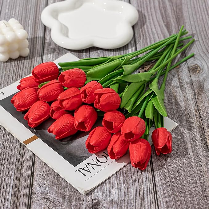 KAOYOO 18PCS Artificial Tulip Flowers Bouquet - Faux Latex Tulips for Home Decor,Office Desk,Kitchen Table,Wedding Centerpiece,Party,Spring Decoration(Red,18 Pack)