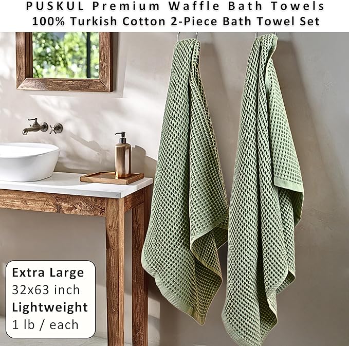 PÜSKÜL Natural 100% Turkish Cotton Waffle Bath Towels Set of 2-Piece | 32x63 inch Extra Large Absorbent Quick-Dry Lightweight Spa Towel | Luxury Sauna Accessories (Sage Green, Bath Towels - Pack of 2)