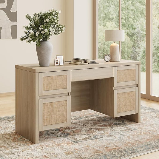 Yechen Executive Desk with 5 Drawers, 57" Modern Rattan Home Office Desk with Charging Station, File Drawer, Farmhouse Boho Computer Writing Desk for Study, Work, White