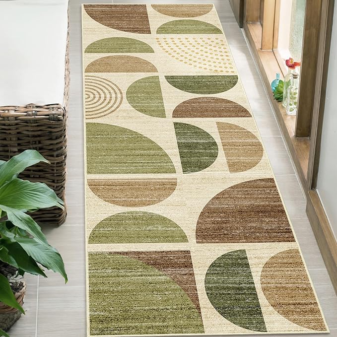 MUJOO Runner Rug Washable,2x6 Area Rugs for Hallways Kitchen Bathroom Bedroom Entryway,Non Slip Carpet Long Mat Indoor,Boho Soft Modern Abstract Vintage Green and Brown