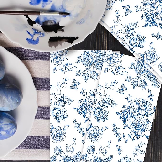 100pcs Blue Floral Napkins Disposable Hand Towels for Bathroom 3 Ply Blue and White Guest Decorative Paper Napkins for Bridal Tea Wedding Birthday Party Supplies Table Decorations
