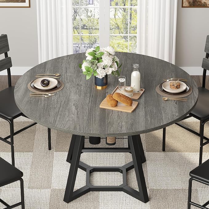 knoworld 47" Round Dining Table for 4, Kitchen Tables Dining Room Circle Dinner Table with Pedestal Metal Frame, Space Saving Wood Industrial Kitchen & Dining Room Tables, Dark Grey 47In