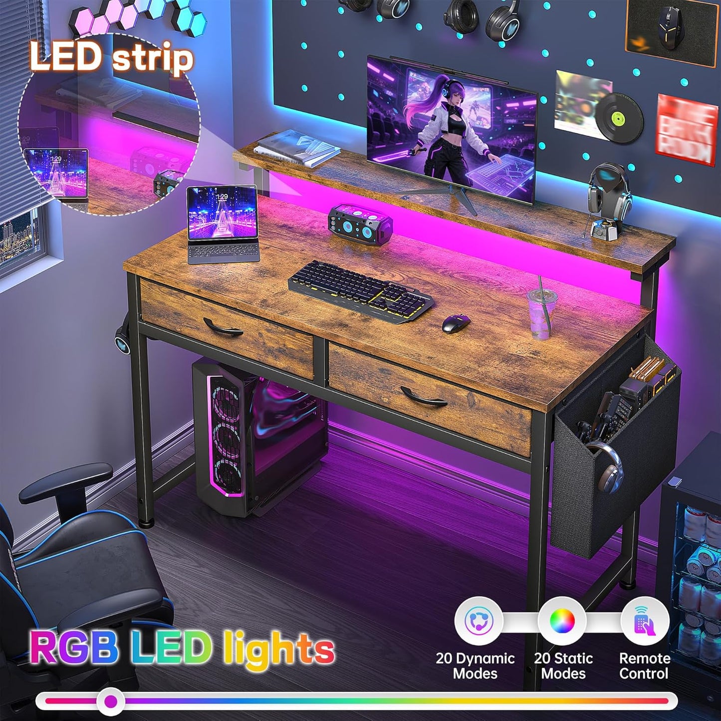 Skiennix Gaming Desk - LED Lights, 2 Drawers, Ergonomic Monitor Stand | Rustic Brown, 31.5 Inch