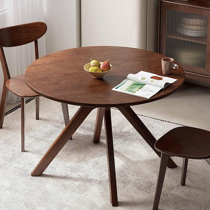 YESWOOD 43.3’’ Round Dining Table for 4, Solid Wood Oak Kitchen Table with Intersecting Pedestal Base, Farmhouse Wooden Kitchen Table, Circle Dinner Table for Dining Room, Living Room, Office, Walnut