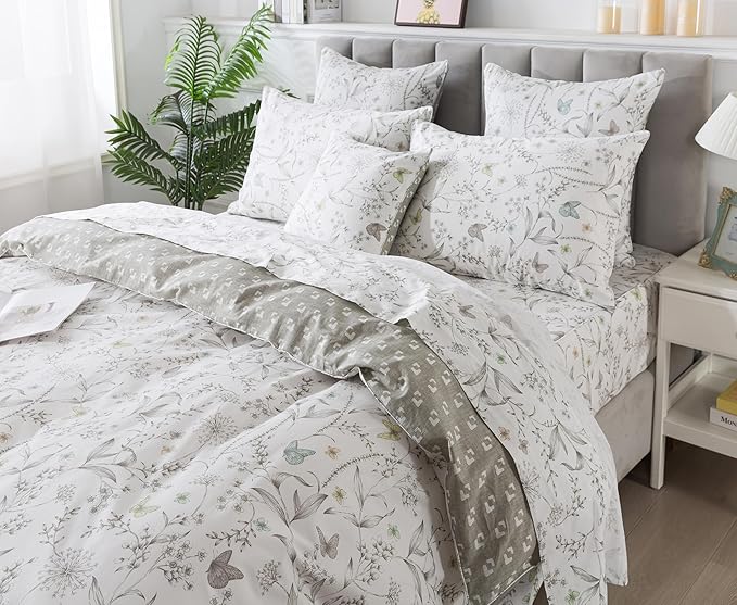 FADFAY Duvet Cover Set Queen Colorful Butterfly Bedding Vintage Botanical Comforter Cover Set Shabby Branches Bedding 100% Cotton Ultra Soft Quilt Cover with Hidden Zipper Closure 3Pcs, Queen Size