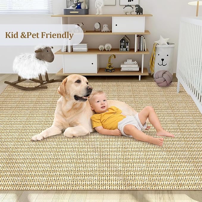 9x12 Area Rug Washable Modern Braided Rug for Living Room Low Pile Soft Bedroom Rugs Non Slip Modern Indoor Large Carpet Thin Foldable Distressed Woven Print Carpet for Nursery Dining Playroom, Camel