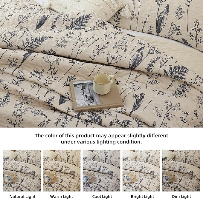 JANZAA Quilt King Size Beige Quilt Bed Spread Boho Quilt with Floral Pattern Microfiber Quilts Set 3 Pieces Lightweight Comforter Reversible Bedding Set,1Quilt 104x90 inches, 2 Pillowcases