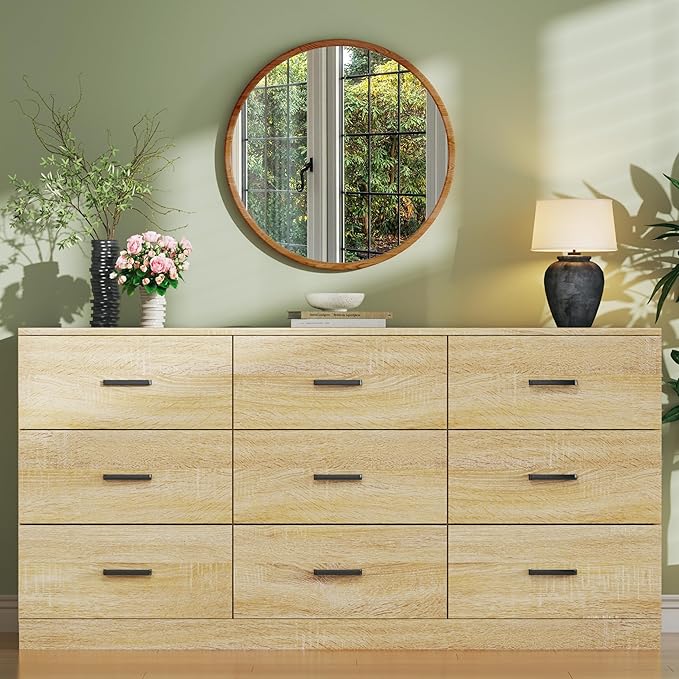 9 Drawer Dresser for Bedroom, 60'' Long Mid Century Modern Dressers TV Stand, Wood Vintage Chests of Drawers, Large Storage Organizer for Bedroom, Closet, Entryway, Natural Oak