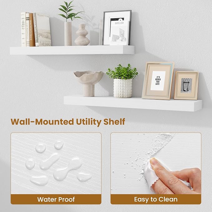 Fun Memories Bathroom Shelves 32 Inch Long Set of 2, Floating Shelves for Wall with Invisible Brackets, for Bedroom, Living Room, Kitchen, White