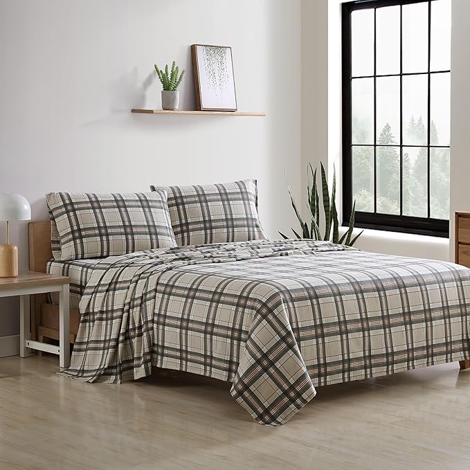Eddie Bauer - Flannel Sheets Queen Size, Anti-Pilling & Wrinkle Resistant Cotton, Touchably Soft for All-Season Comfort - Bed Sheets with Matching Pillowcases & Fitted Sheet (Edgewood Plaid Green)