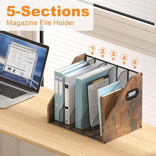 Piskyet Binder Organizer - Wooden Desk File Holder with 5 Vertical Compartments | Ideal for Office & Home