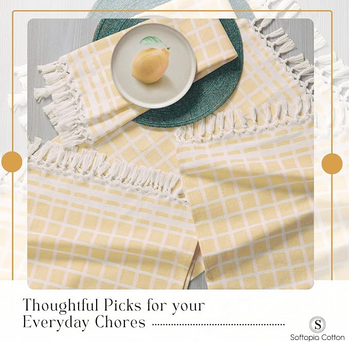 Matrix Dobby Kitchen Towels 12 Pack 100% Cotton, 16x26 Inches, Decorative Tea Towels with Handmade Tassels, Absorbent Washable Wash Cloths for Kitchen Drying - Mustard Yellow, Natural