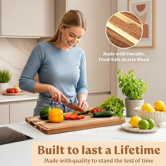 Acacia Wood Cutting Board for Kitchen, Non-Toxic Cutting Board Set of 3, Chopping Boards with Deep Juice Groove for Meat, Cheese & Vegetables - Durable & Double sided with serving Compartments