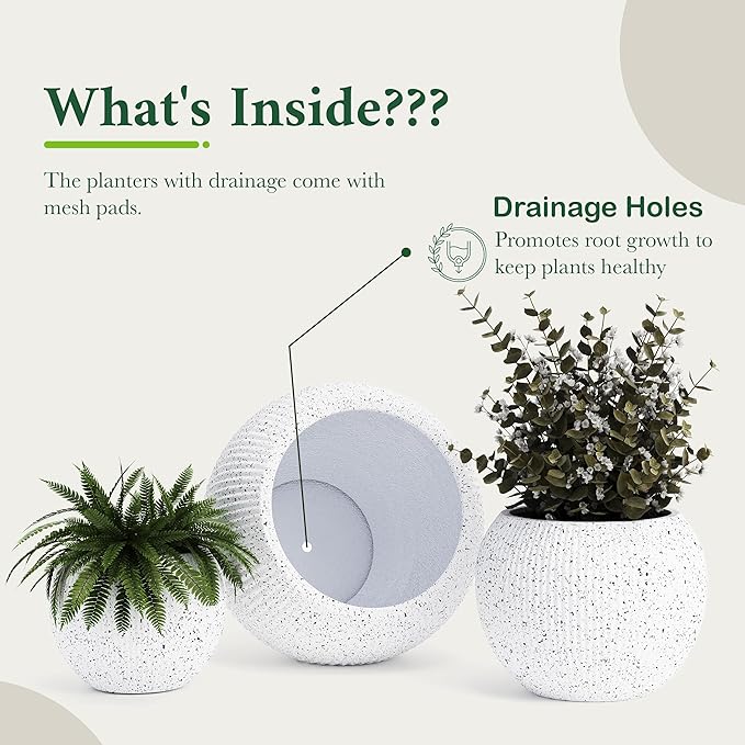 DTY Signature Mount Sherman Modern Indoor Outdoor Fiberstone Sphere Planter, Durable Round Garden Pot, Weather Resistant, Drainage Hole & Rubber Plug,Planter for Christmas Tree (Ribbed White, Large)