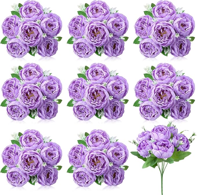 8 Pack Purple Peonies Artificial Flowers, Fake Silk Hydrangea Bouquet for Bridal Wedding Home Table Decor Reusable Dining Opening Ceremony Birthday Arrangement Faux Floral