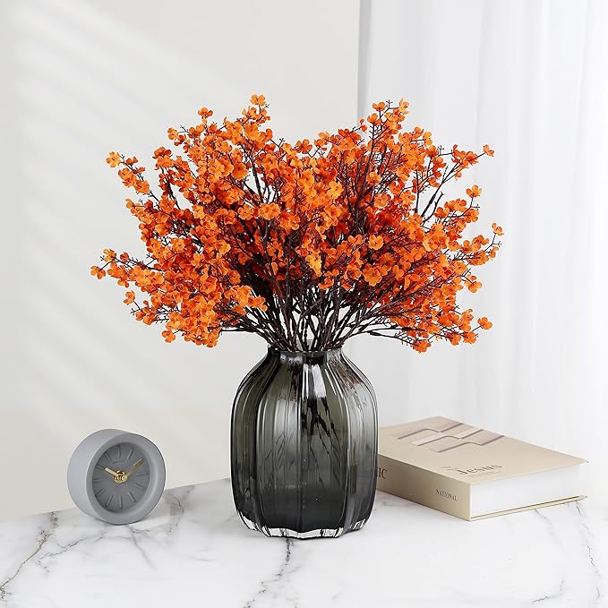 JAKY-Global Babys Breath Silk Artificial Flowers Bulk with Vase 10pcs for Fall Decor Fake Flower Bouquet Bulk for Home Kitchen Indoor Bouquet Floral Arrangement Table Centerpieces Party Decor(Orange)