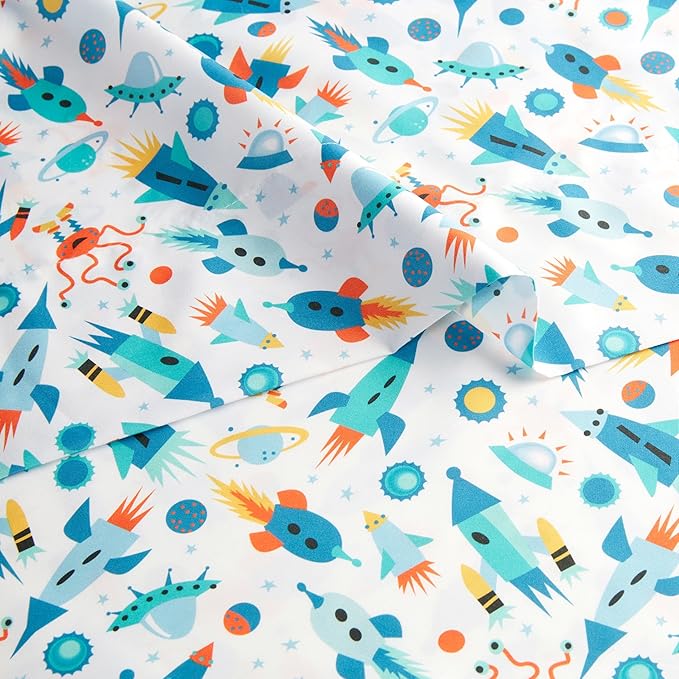 Amazon Basics Microfiber Kids' Sheet Set with Pillowcase, 4 Piece, Queen, Cosmic Adventure
