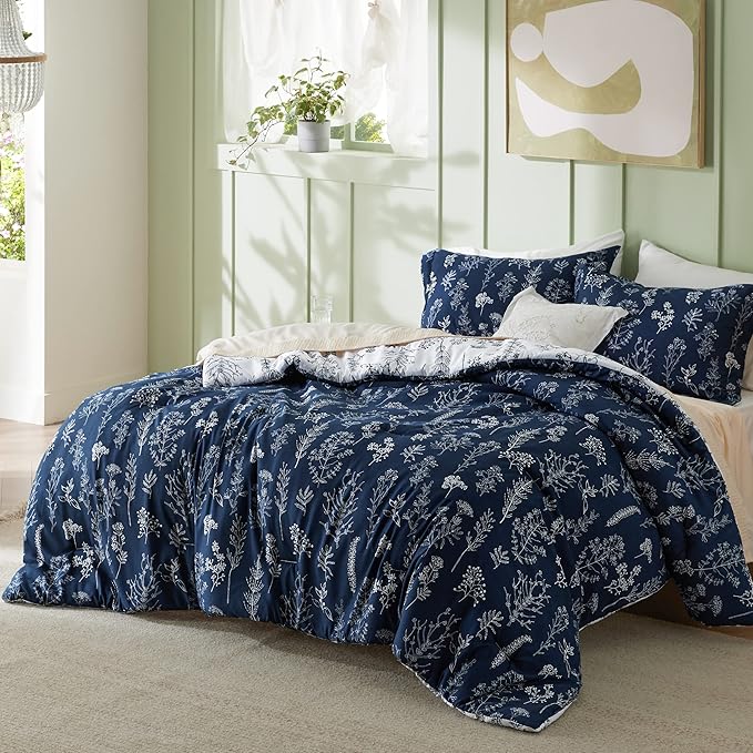 Bedsure Queen Comforter Set - Navy Bed Set, 3 Pieces Cute Floral Bedding, 1 Soft Reversible Botanical Flowers Comforter and 2 Pillow Shams
