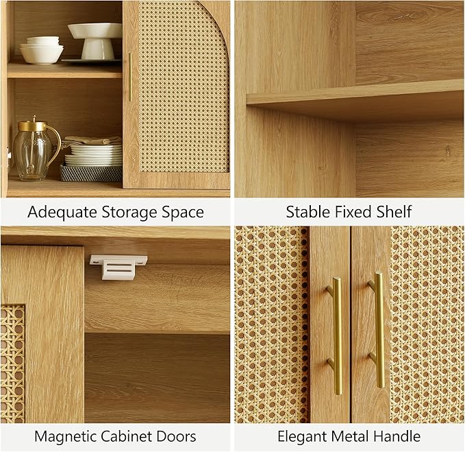 FORTUNETEC Sideboard Buffet Cabinet with Storage Set of 3, Modern Accent Cabinet with Rattan Arched Doors, Modular Media Console, Boho Credenza for Living Room Kitchen Dining Room Entryway, Oak