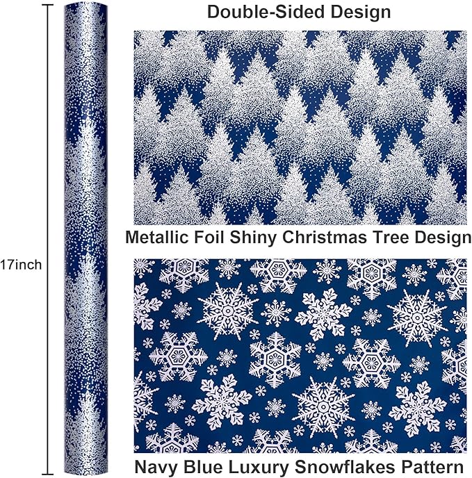MAYPLUSS Blue Christmas Wrapping Paper Roll, Tree Wrapping Paper, Luxury Navy Blue Shiny Christmas Tree and Snowflakes Gift Wrap for Holiday Gift Packaging, Festive Decoration (17 Inch X 16.5 Feet)