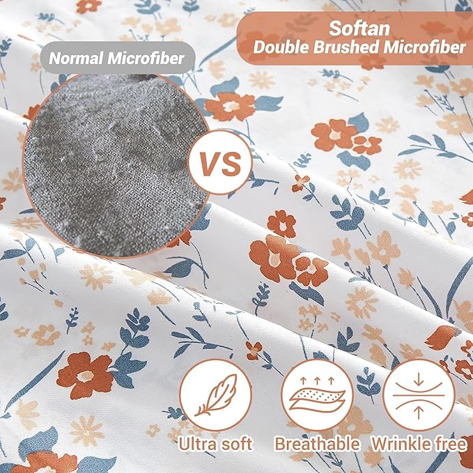 Softan Floral Full Sheet Set, Orange Flower Printed Bed Sheets - 4 Piece Soft Microfiber Patterned Fitted Sheets with 15" Deep Pocket & Non-Slip Straps, Cute Flower Sheets & Pillowcase Set