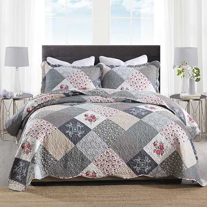 HoneiLife Quilt Set Twin Size - 2 Piece Microfiber Quilts Reversible Bedspreads Patchwork Coverlets Floral Bedding Set All Season Quilts with Geometric and Little Rose Print Pattern，Grey